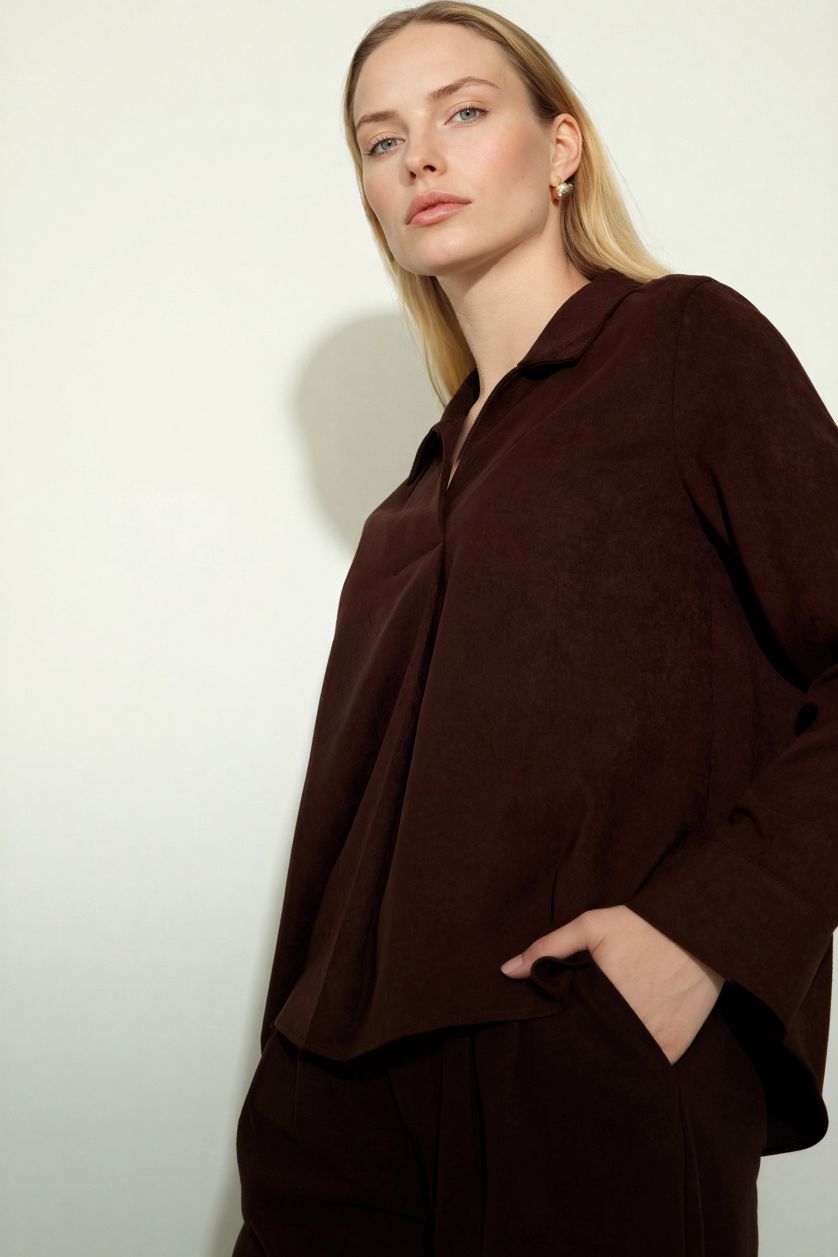 Woman Brown Relax Fit Shirt Collar Suede Long Sleeve Blouse