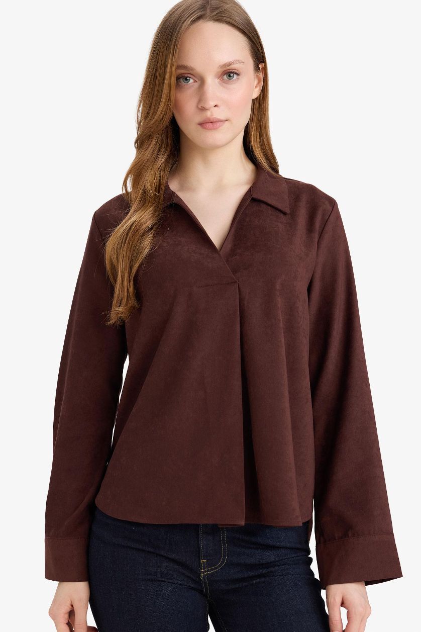 Woman Brown Relax Fit Shirt Collar Suede Long Sleeve Blouse