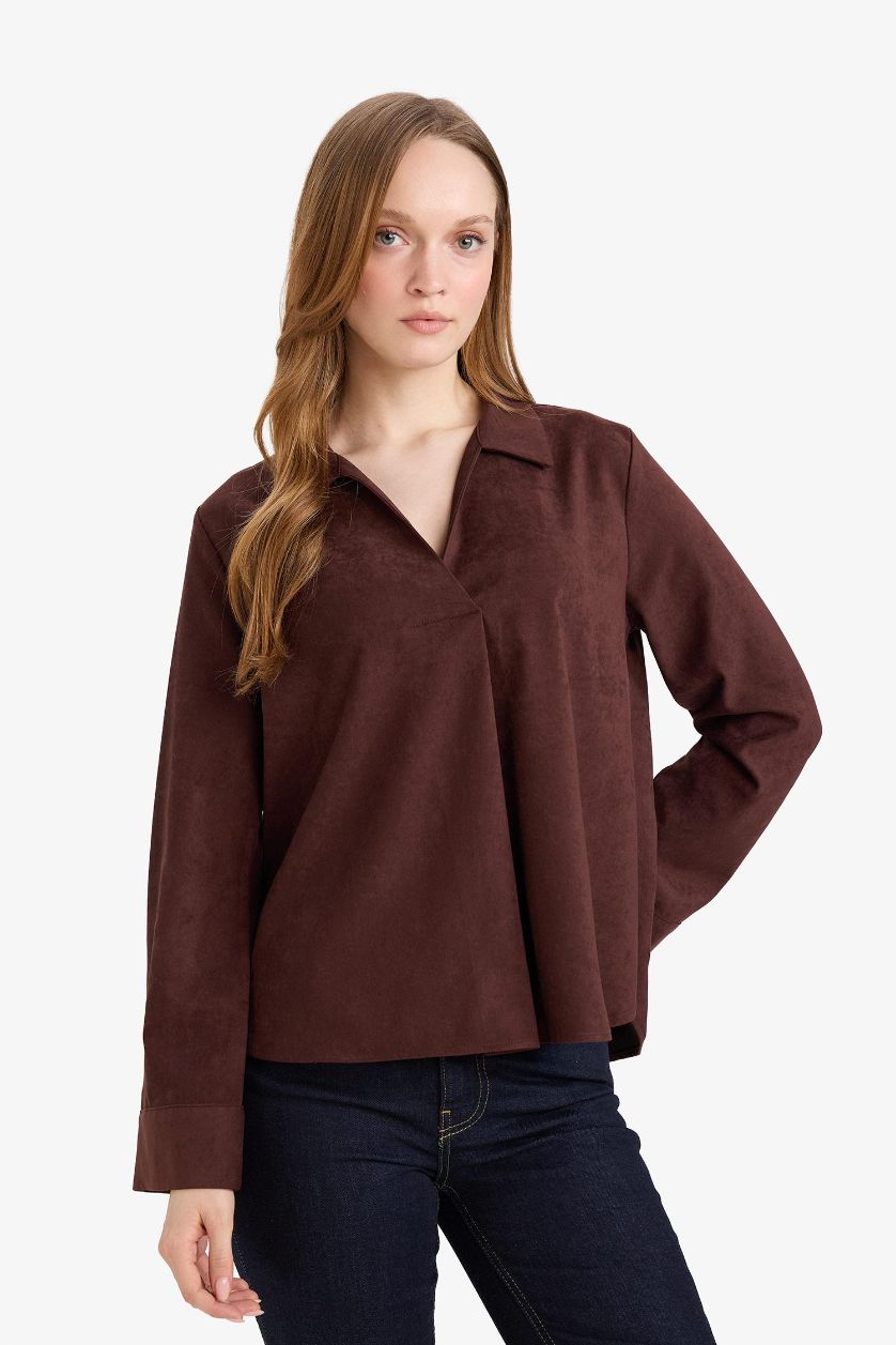 Woman Brown Relax Fit Shirt Collar Suede Long Sleeve Blouse