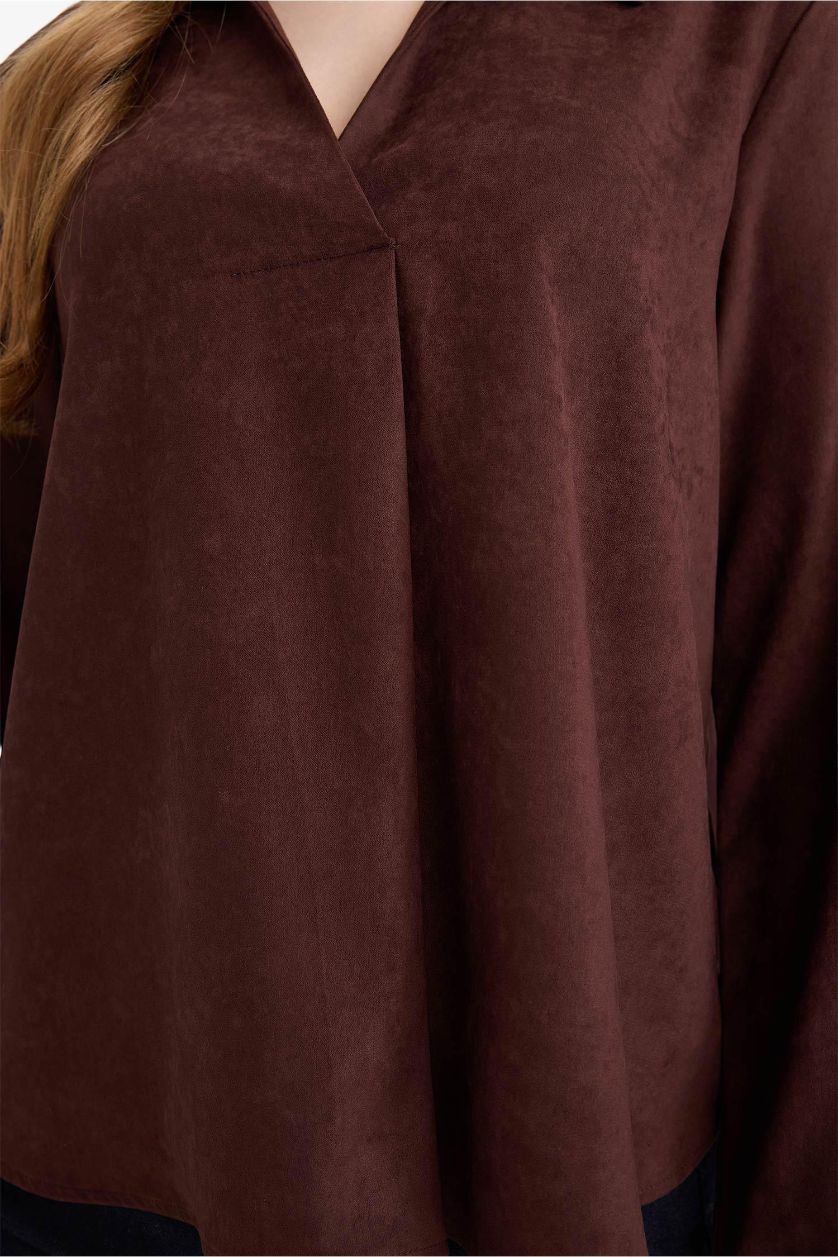 Woman Brown Relax Fit Shirt Collar Suede Long Sleeve Blouse