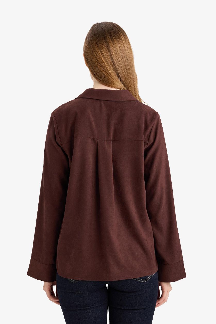 Woman Brown Relax Fit Shirt Collar Suede Long Sleeve Blouse