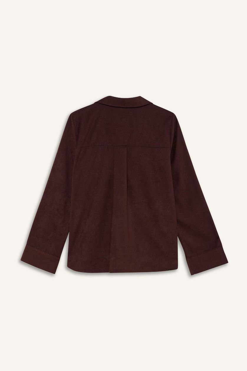 Woman Brown Relax Fit Shirt Collar Suede Long Sleeve Blouse