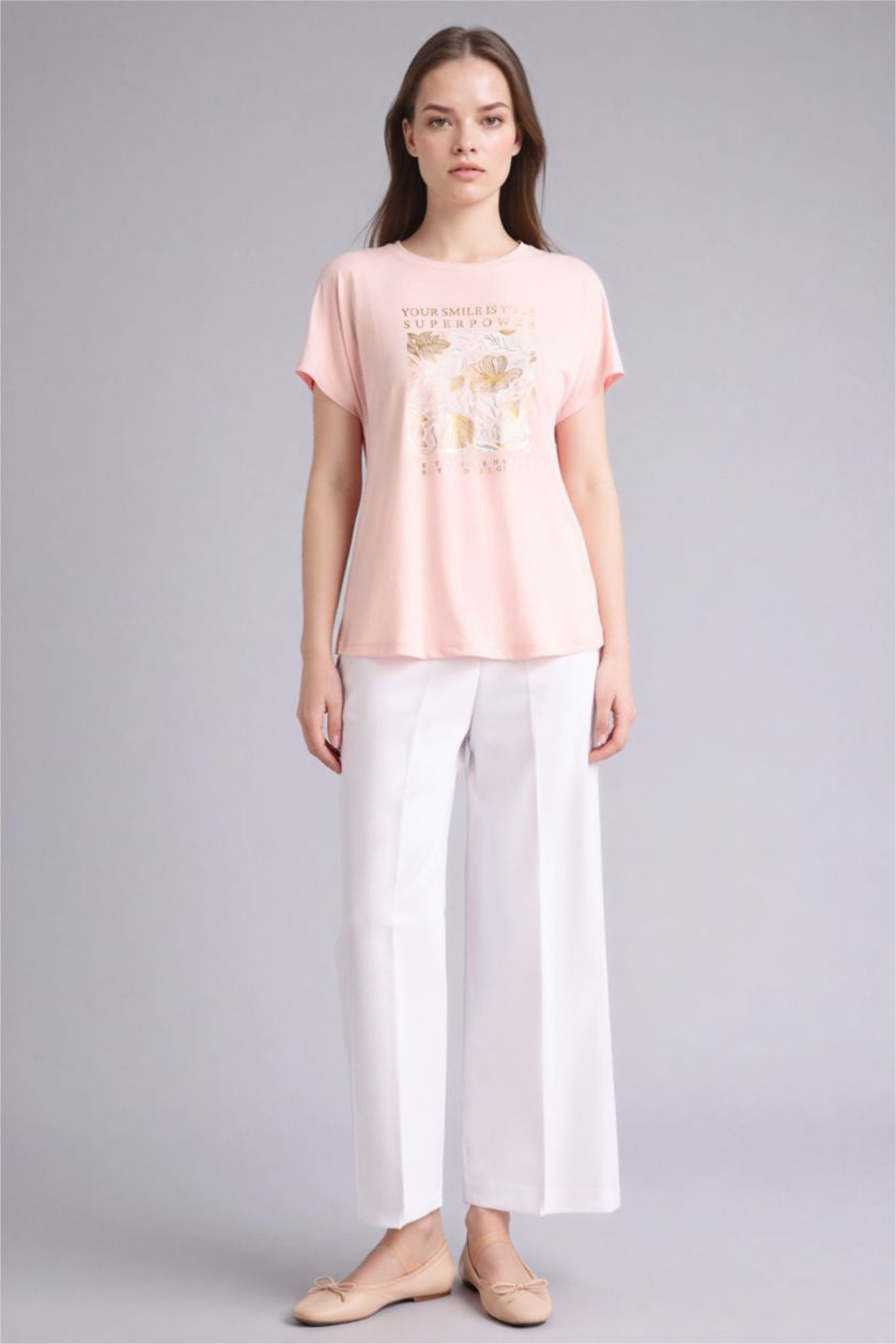 WOMAN Light Pink Crew Neck Floral Short Sleeve T-Shirt