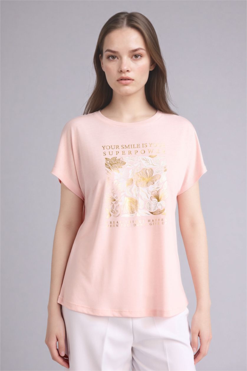 WOMAN Light Pink Crew Neck Floral Short Sleeve T-Shirt