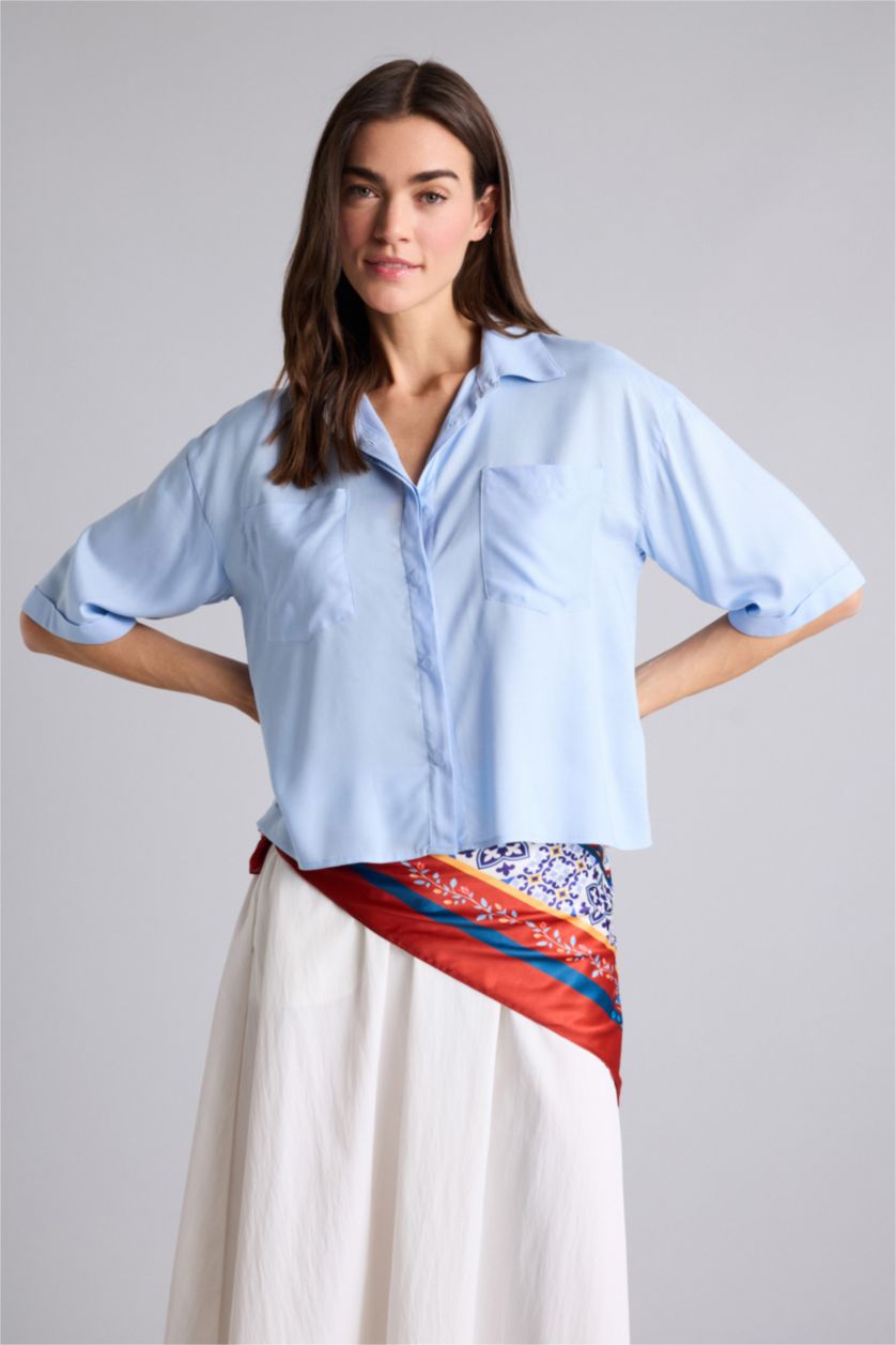 Женщины Светло-синий Рубашка Boxy Fit с рубашечным воротником и коротким рукавом