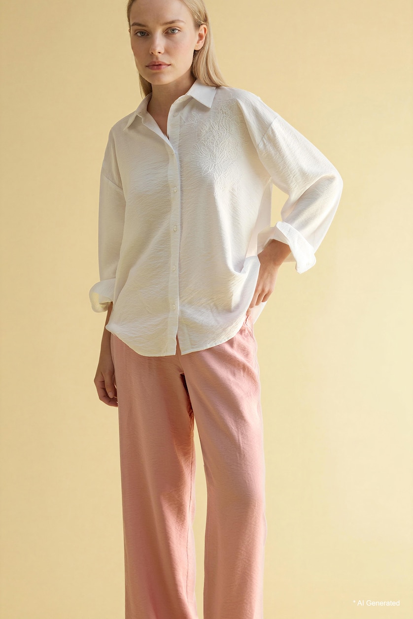 Women White Relax Fit Shirt Collar Long Sleeve Shirt