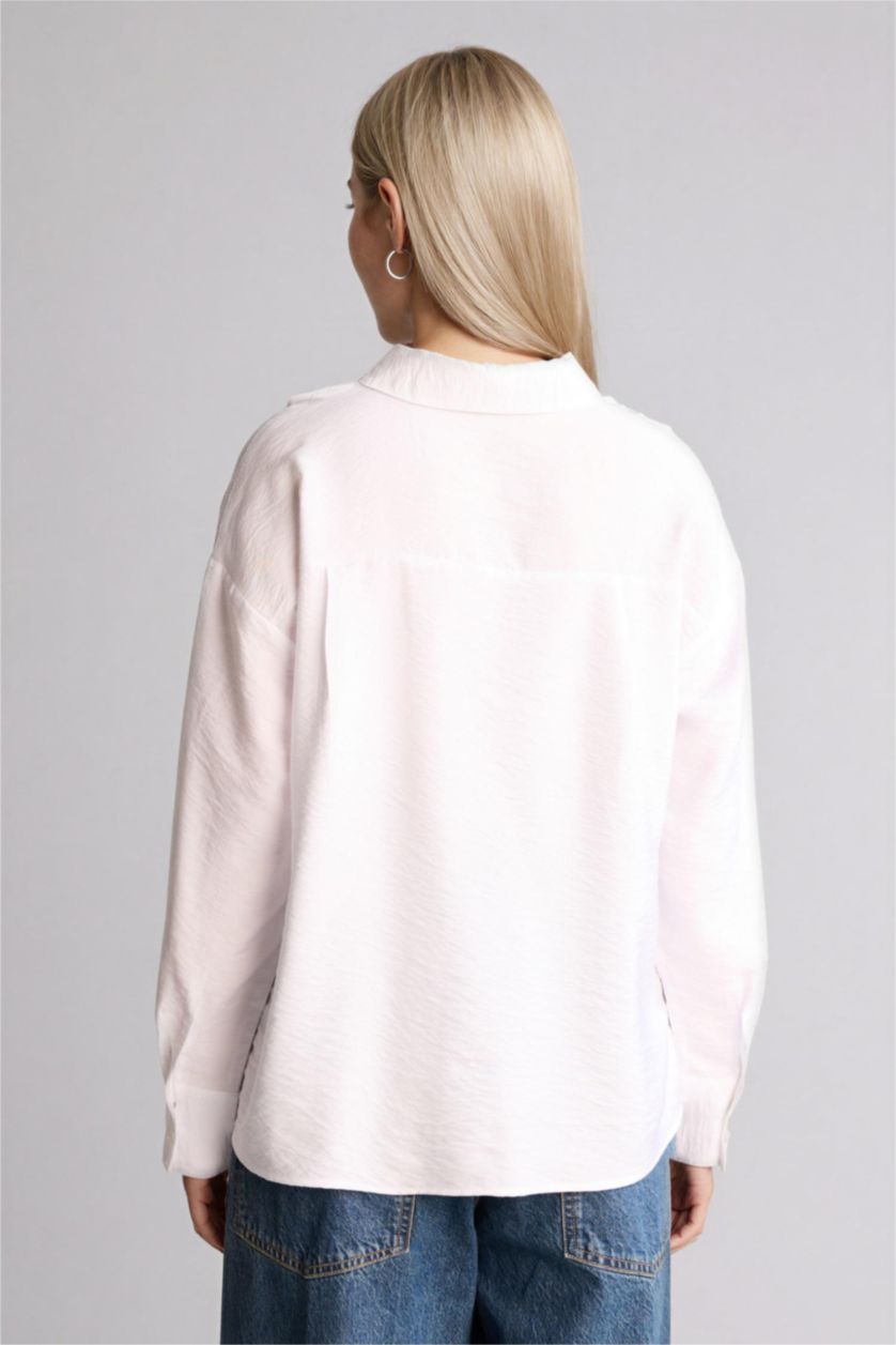 Kadın Beyaz Relax Fıt Gömlek Yaka Uzun Kollu Gömlek