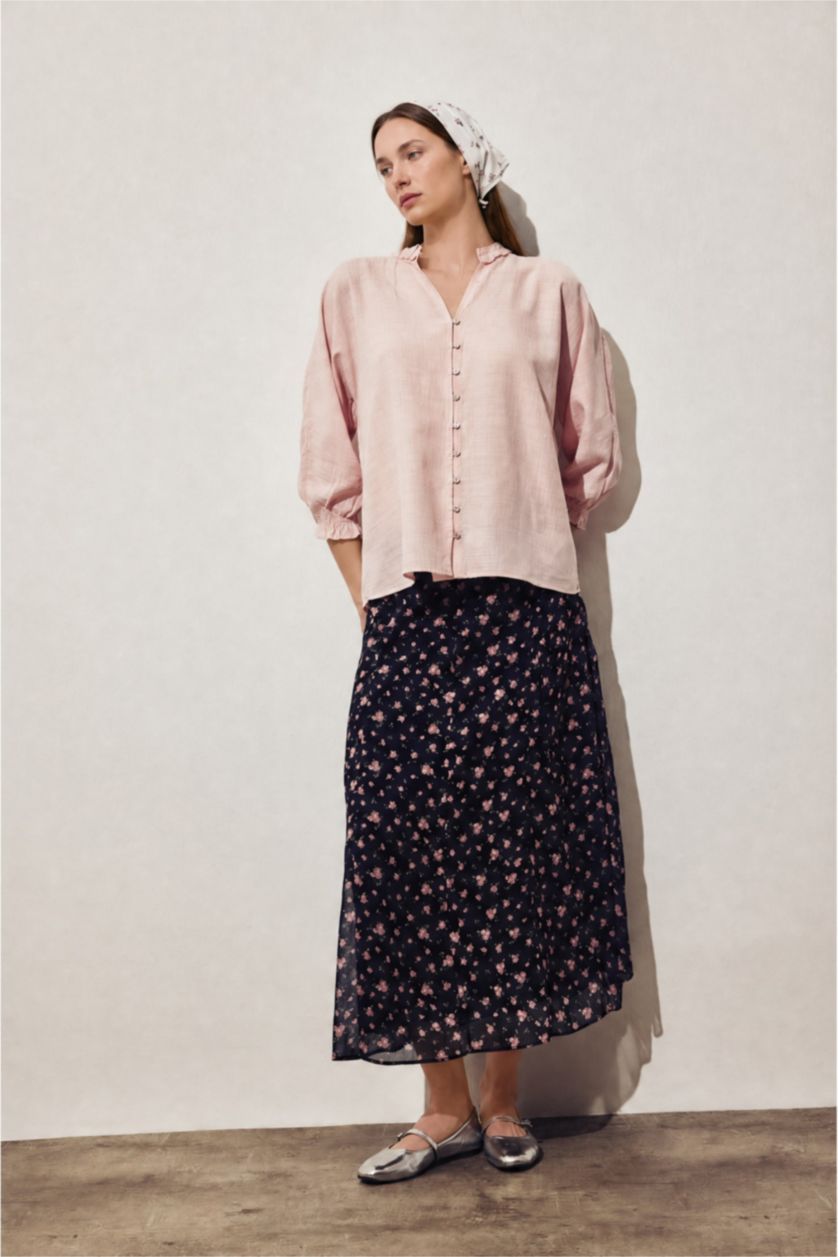 WOMAN Light Pink Ruffle Detail V-Neck Long Sleeve Shirt