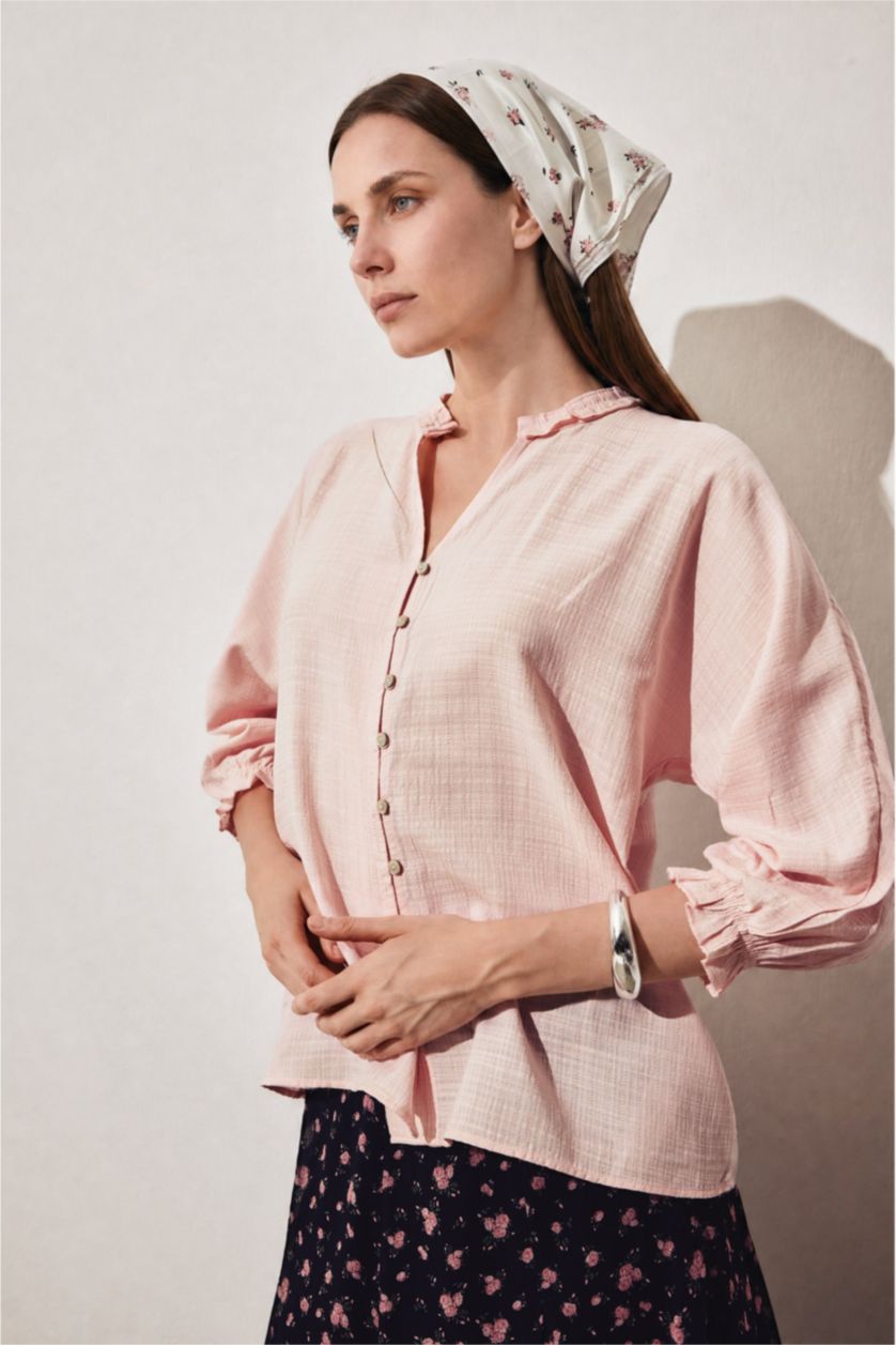 WOMAN Light Pink Ruffle Detail V-Neck Long Sleeve Shirt
