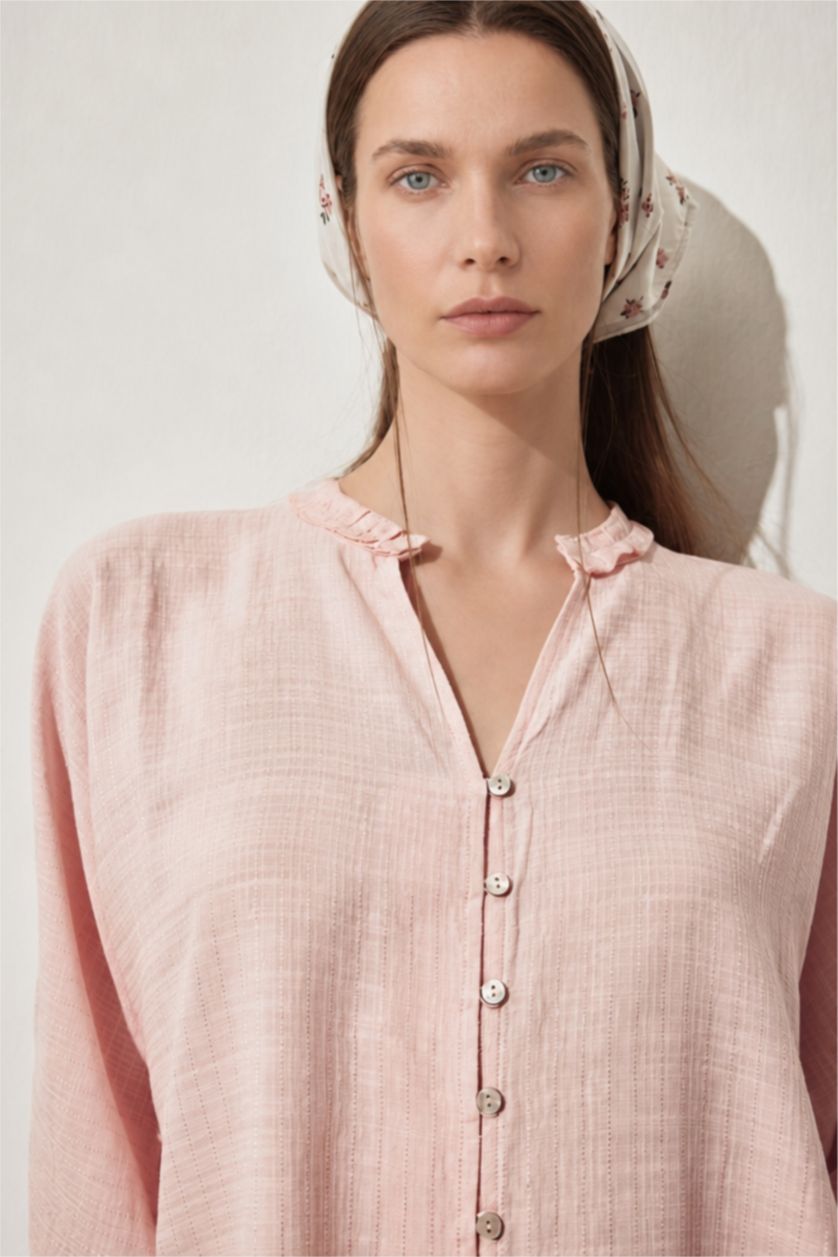 WOMAN Light Pink Ruffle Detail V-Neck Long Sleeve Shirt