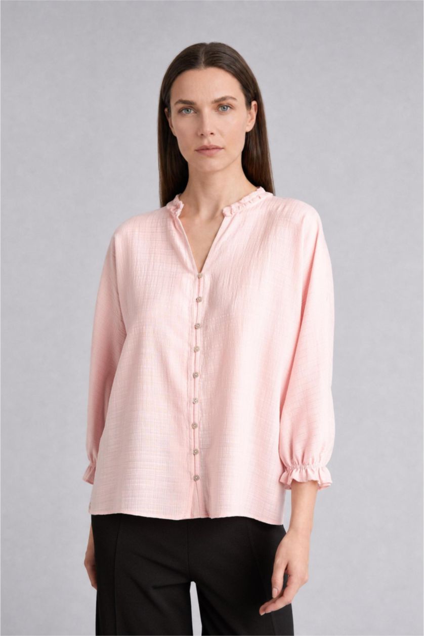 WOMAN Light Pink Ruffle Detail V-Neck Long Sleeve Shirt