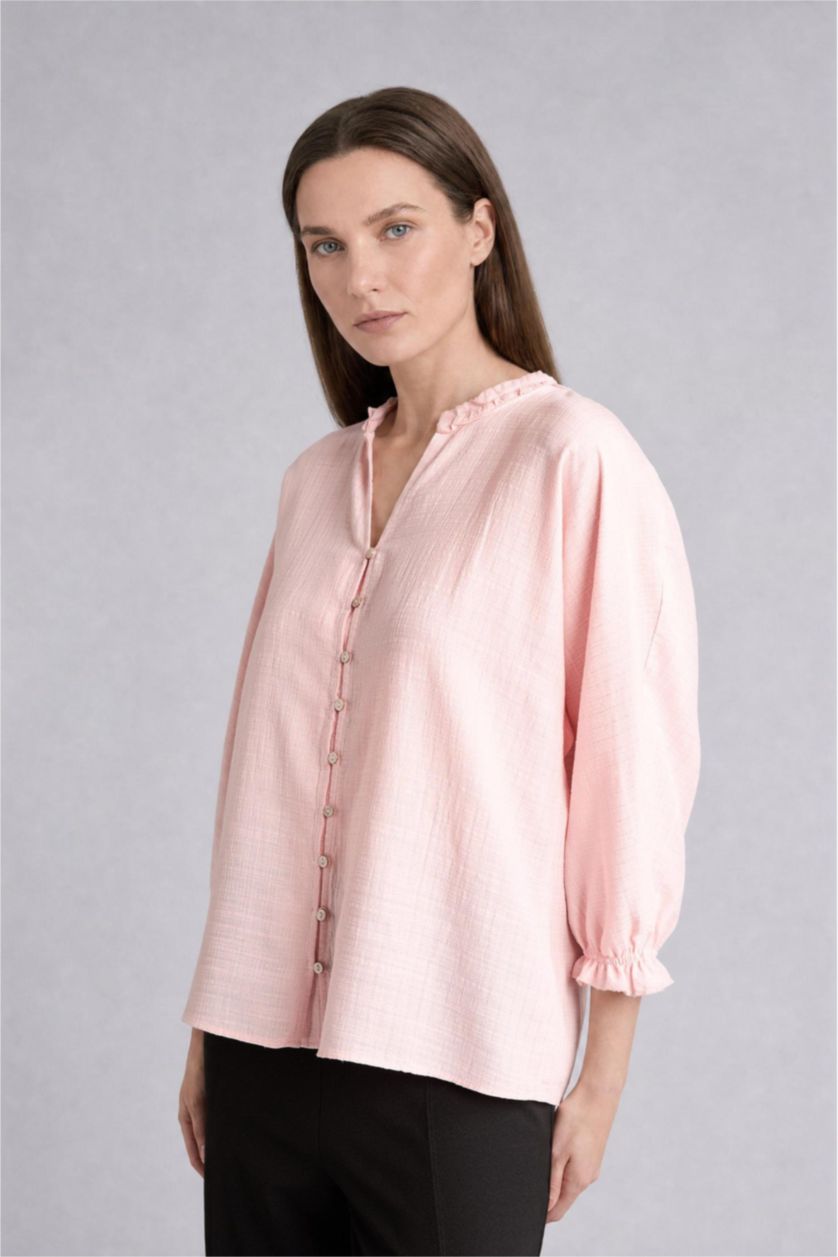 WOMAN Light Pink Ruffle Detail V-Neck Long Sleeve Shirt