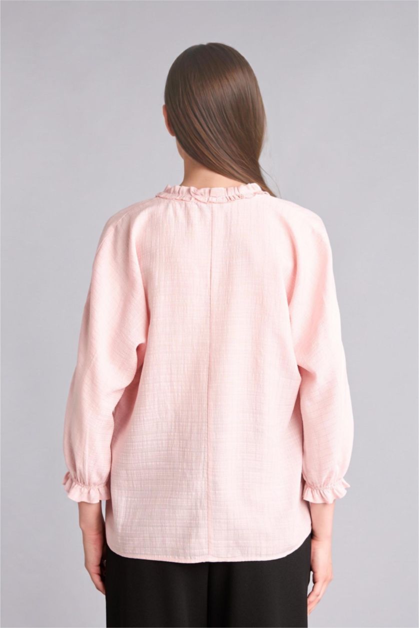 WOMAN Light Pink Ruffle Detail V-Neck Long Sleeve Shirt