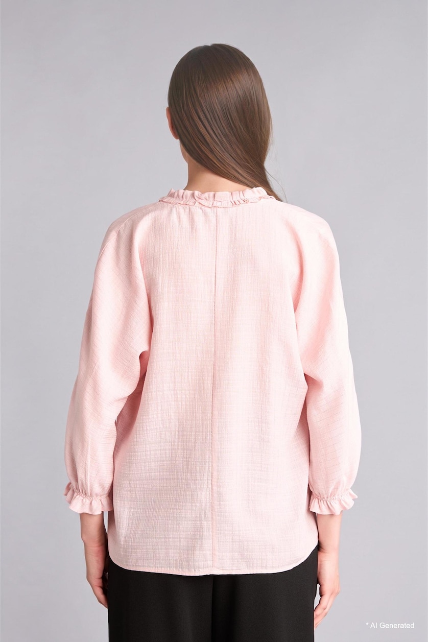 WOMAN Light Pink Light Pink Ruffle Detail V-Neck Long Sleeve Shirt