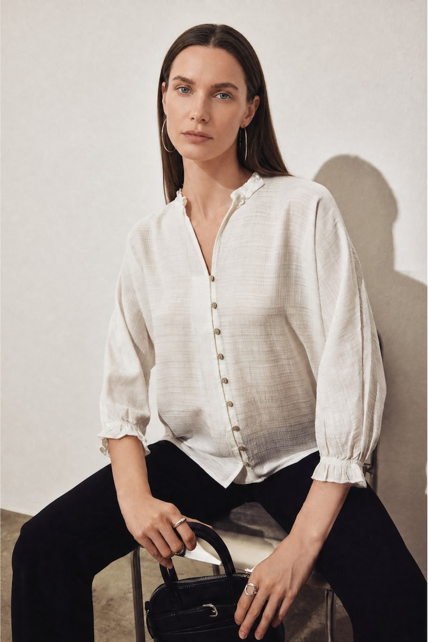 Women White V-Neck Long Sleeve White Shirt