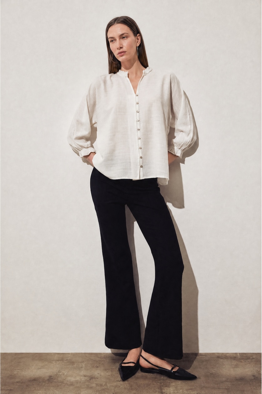 Women White V-Neck Long Sleeve White Shirt