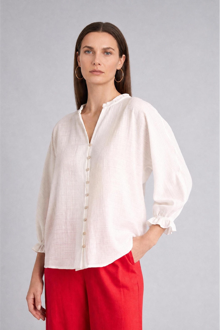 Women White V-Neck Long Sleeve White Shirt
