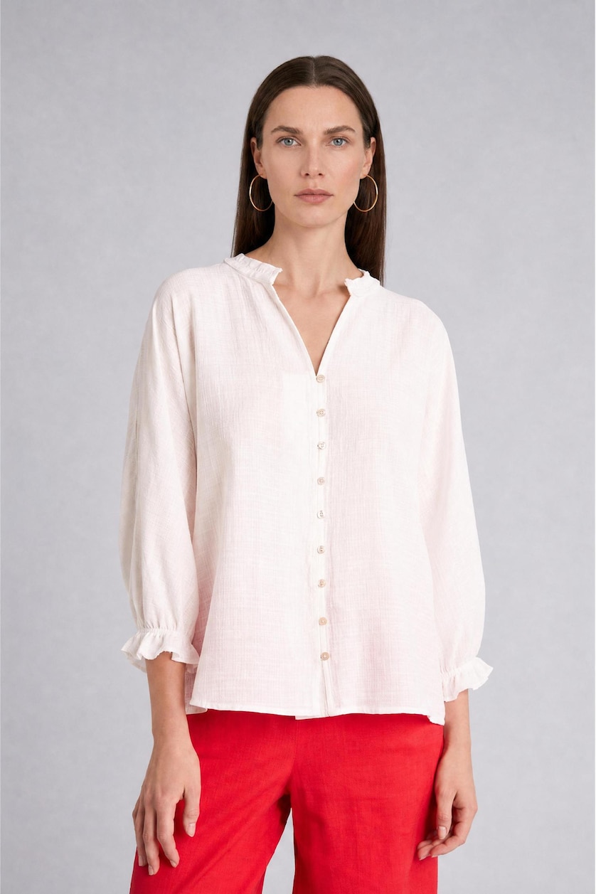 Women White V-Neck Long Sleeve White Shirt