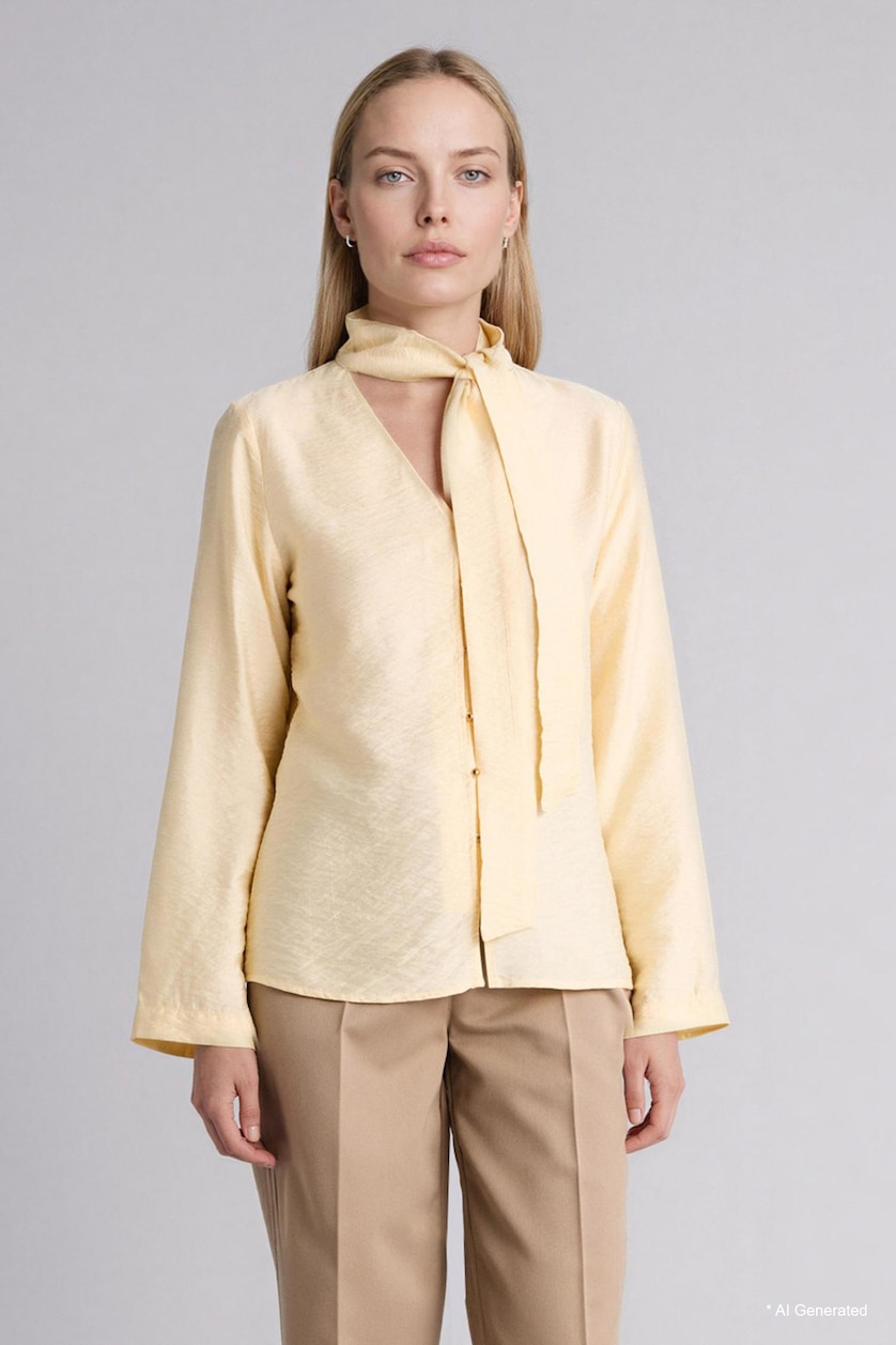 Women Light Yellow Regular Fit V-Neck Long Sleeve Shirt