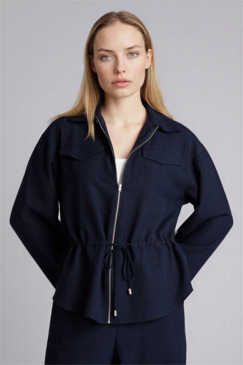 Kadın Lacivert Relax Fıt Keten Karışımlı Fermuarlı Gömlek