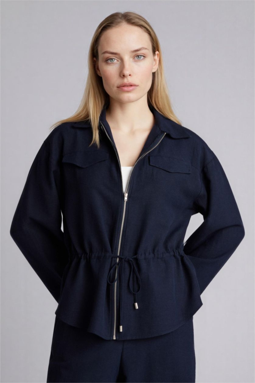 Kadın Lacivert Relax Fıt Keten Karışımlı Fermuarlı Gömlek