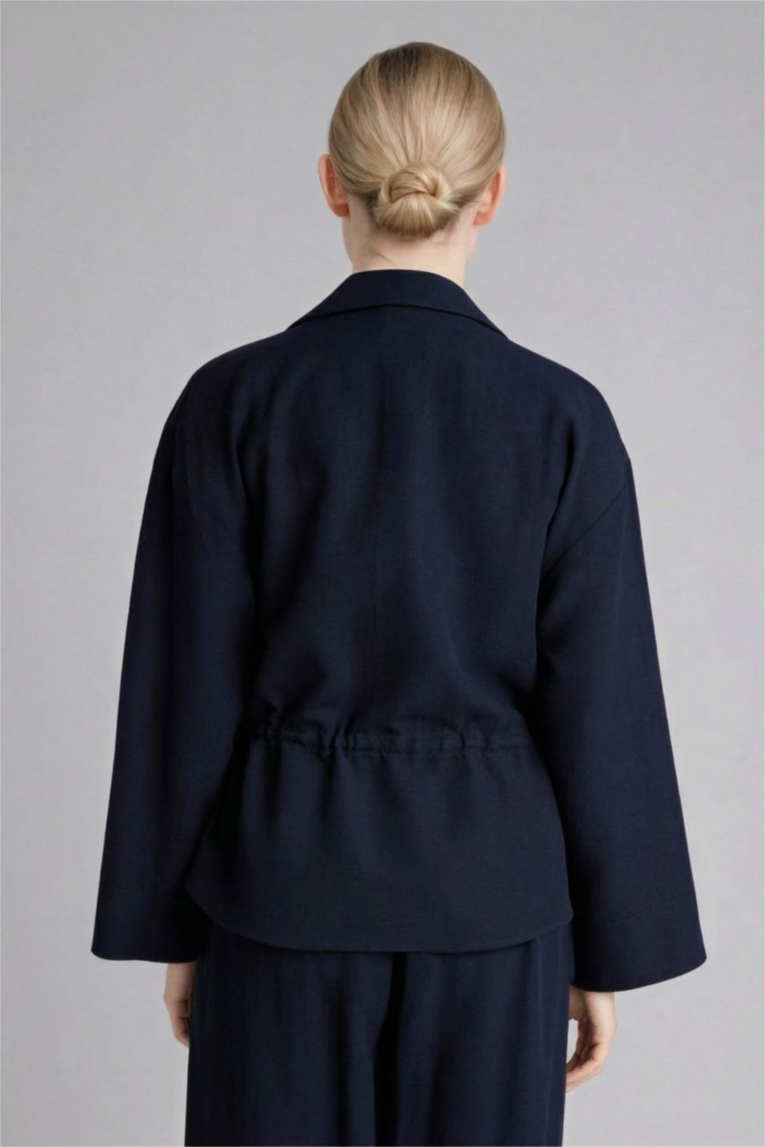 Kadın Lacivert Relax Fıt Keten Karışımlı Fermuarlı Gömlek