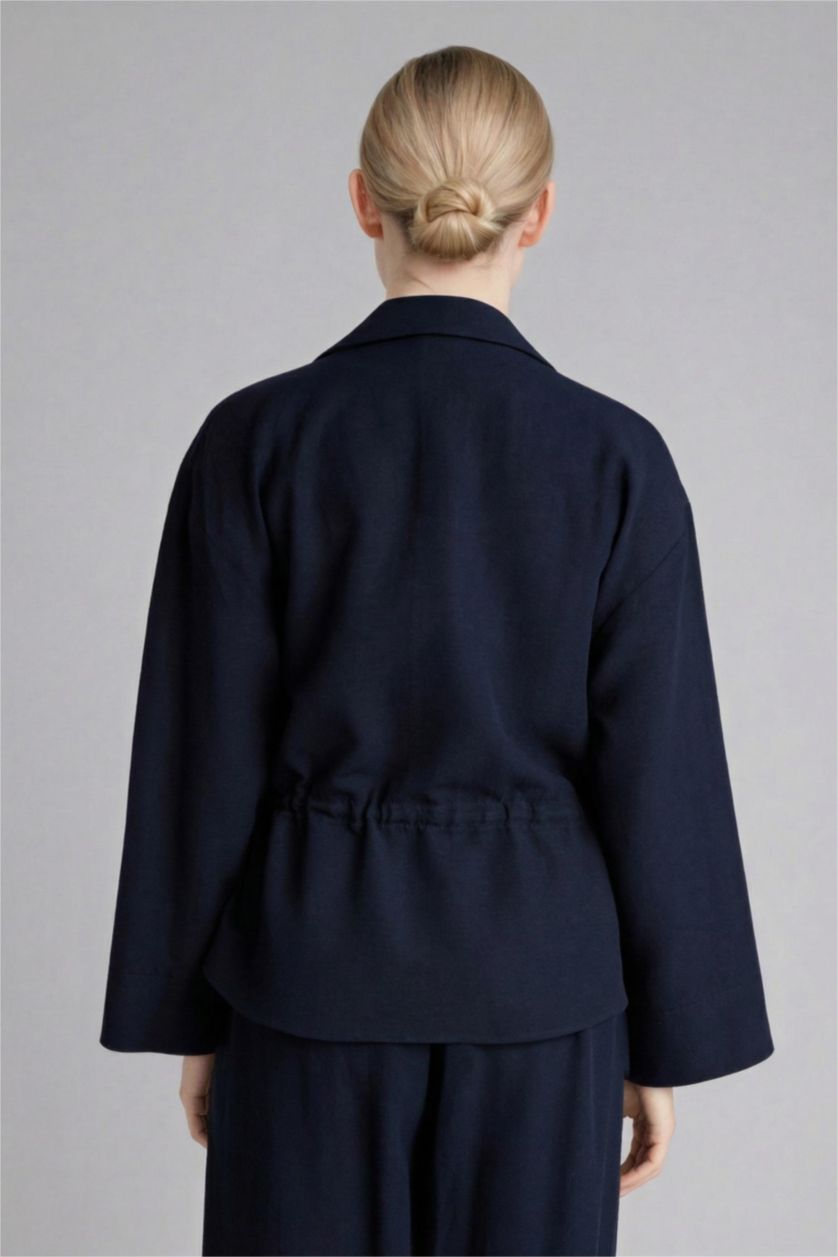 Kadın Lacivert Relax Fıt Keten Karışımlı Fermuarlı Gömlek