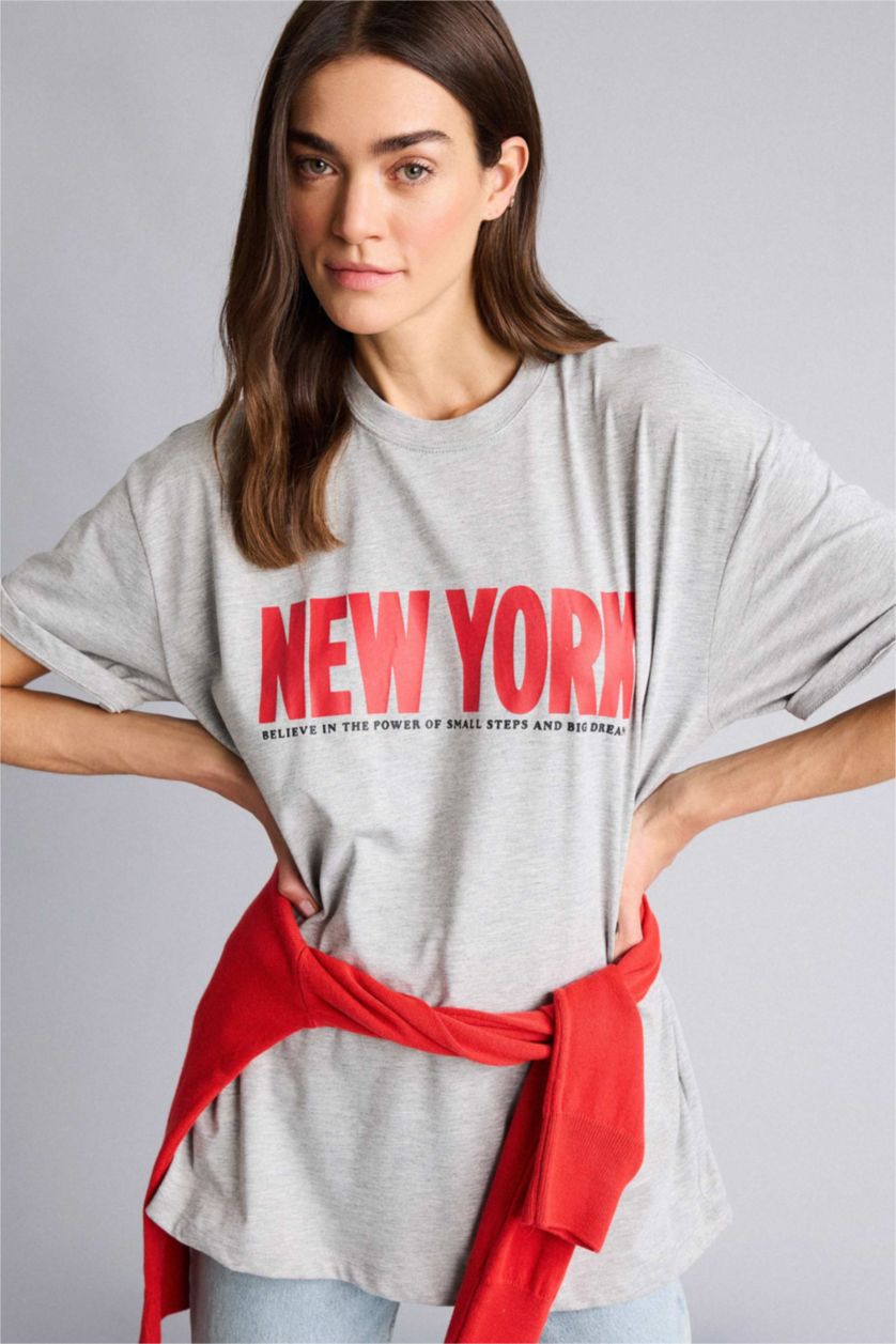 WOMAN Grey Melange Overshirt Fit Crew Neck Printed T-Shirt