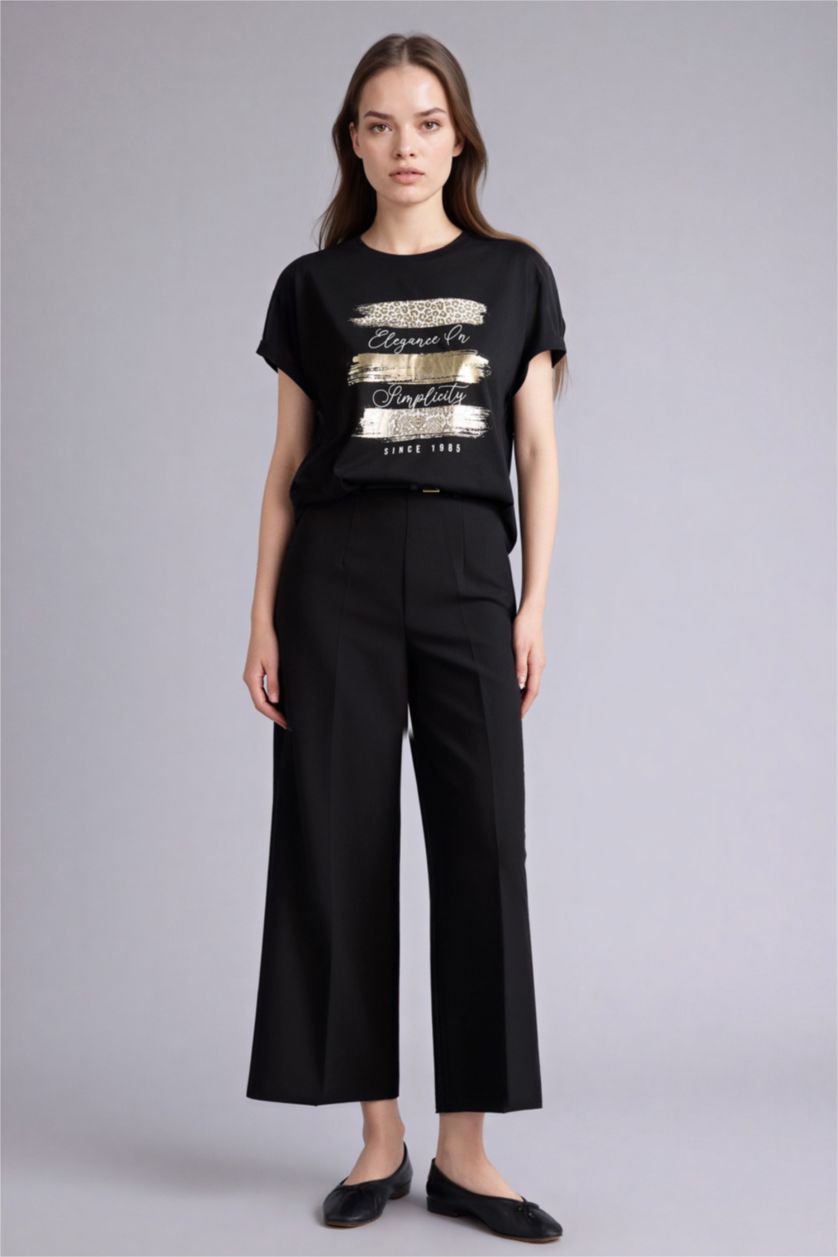 Woman Black تيشيرت نص ردن قصة مريحة وياخة مستديرة