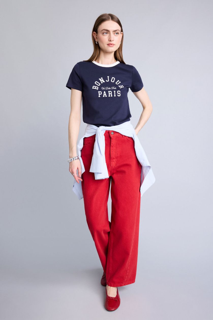 WOMAN NAVY Regular Fit Ribana Short Sleeve T-Shirt