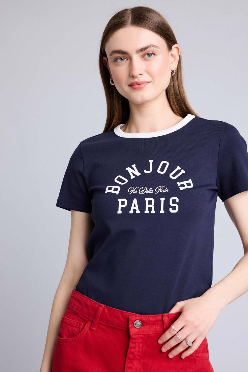 WOMAN NAVY Regular Fit Ribana Short Sleeve T-Shirt