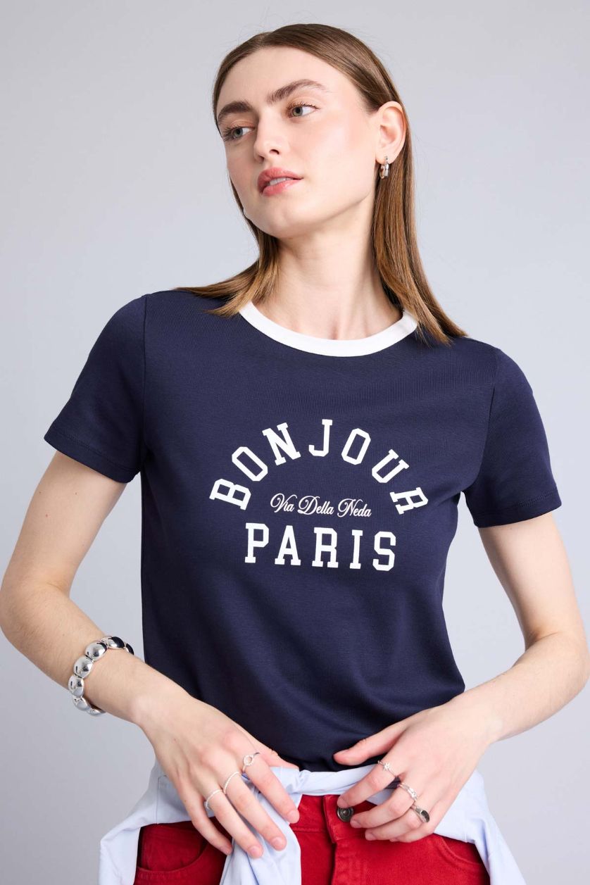 WOMAN NAVY Regular Fit Ribana Short Sleeve T-Shirt