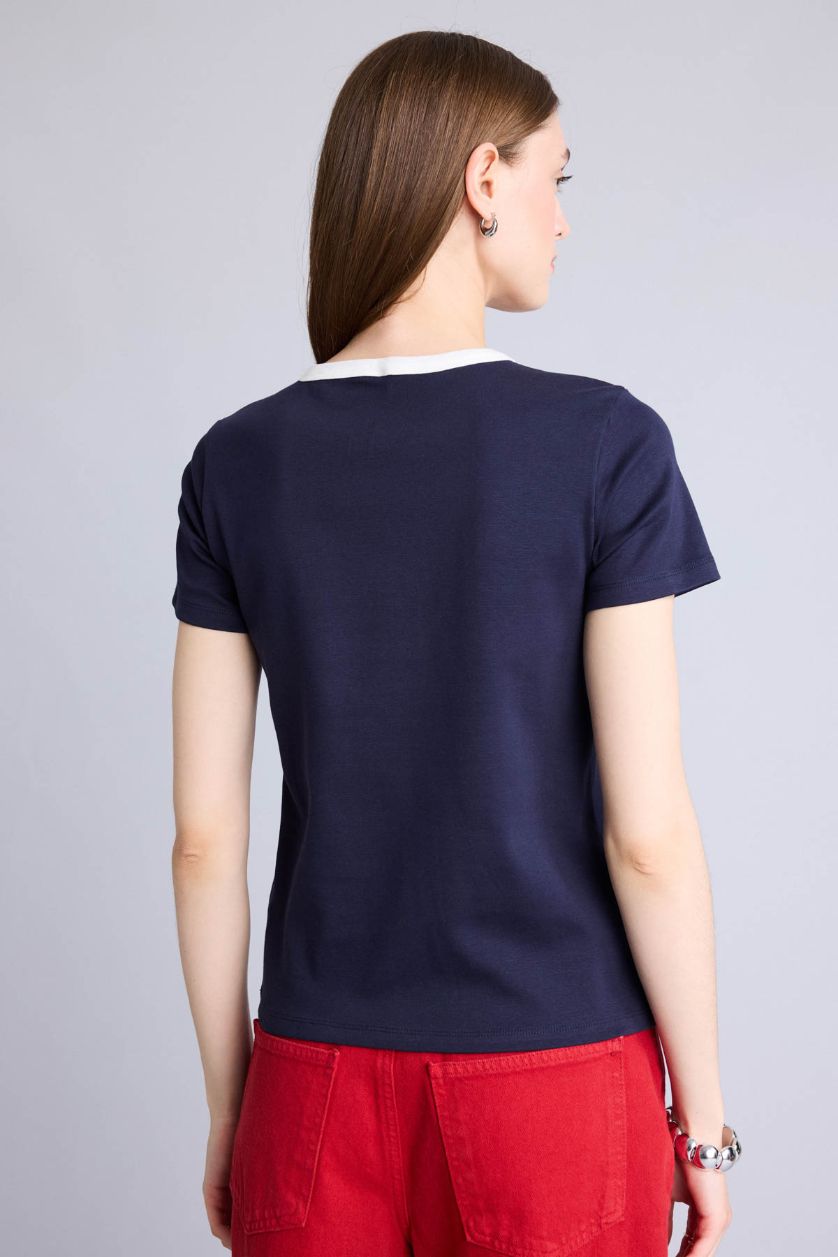WOMAN NAVY Regular Fit Ribana Short Sleeve T-Shirt