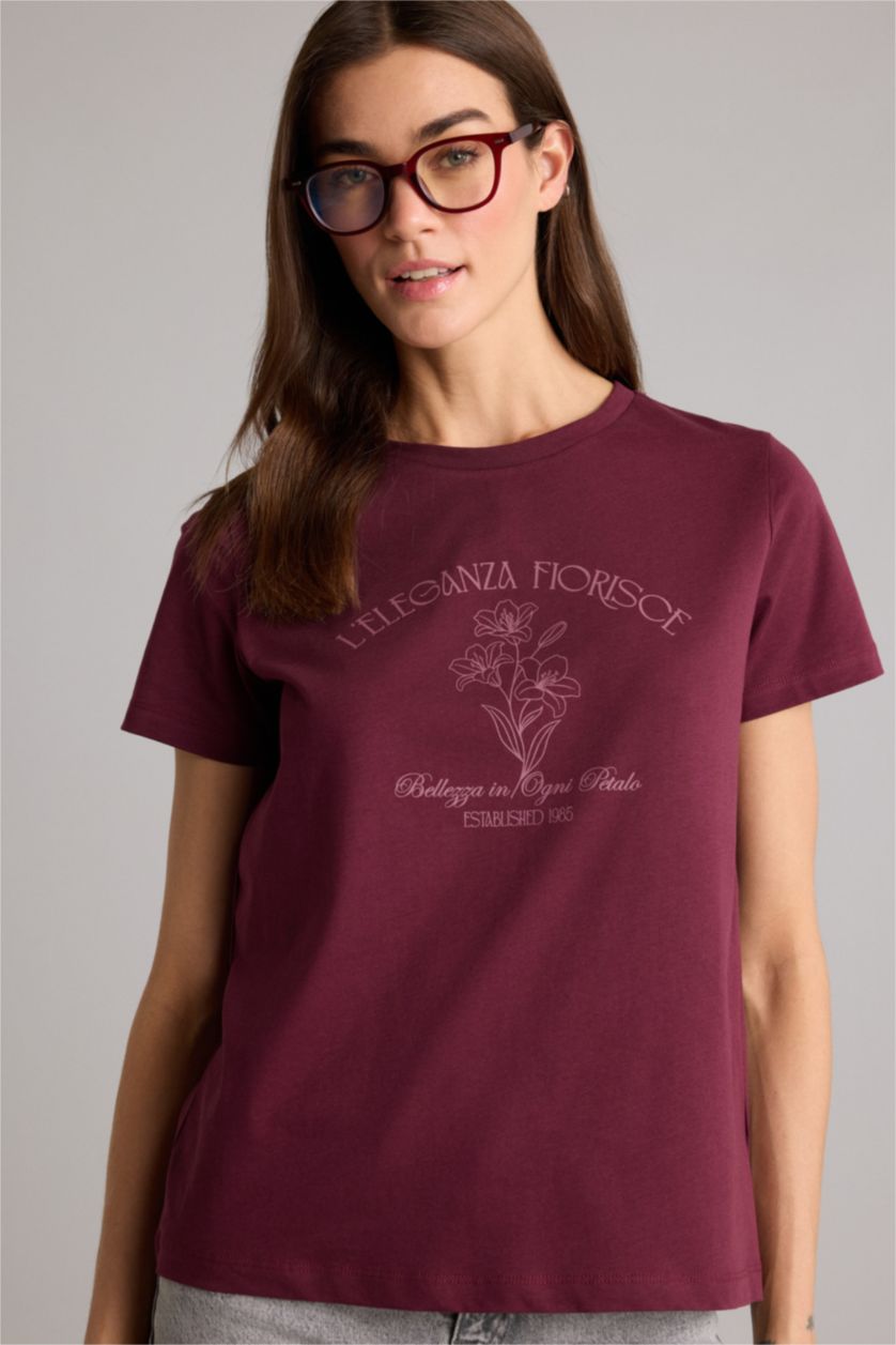 WOMAN Bordeaux Regular Fit Crew Neck Floral Cotton T-Shirt