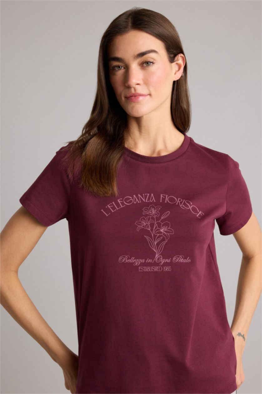 WOMAN Bordeaux Regular Fit Crew Neck Floral Cotton T-Shirt