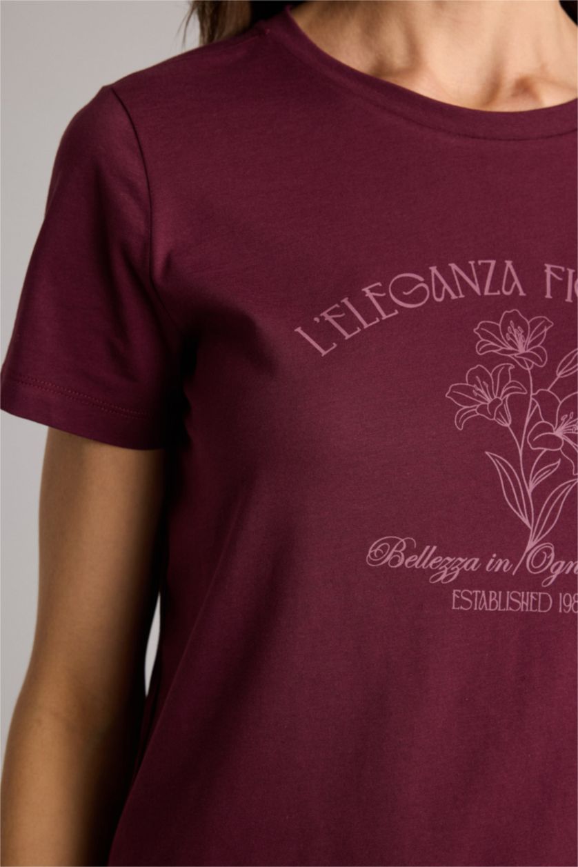 WOMAN Bordeaux Regular Fit Crew Neck Floral Cotton T-Shirt