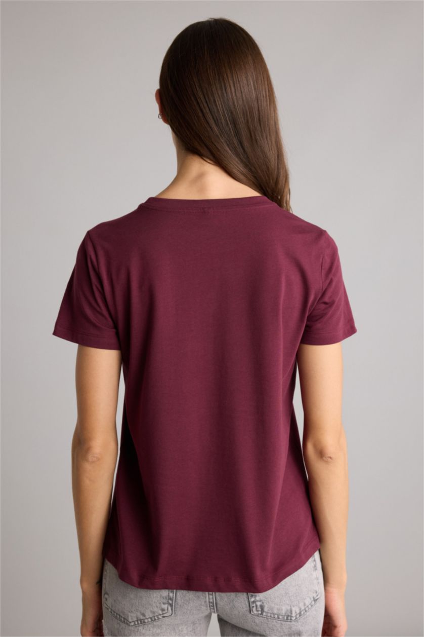 WOMAN Bordeaux Regular Fit Crew Neck Floral Cotton T-Shirt
