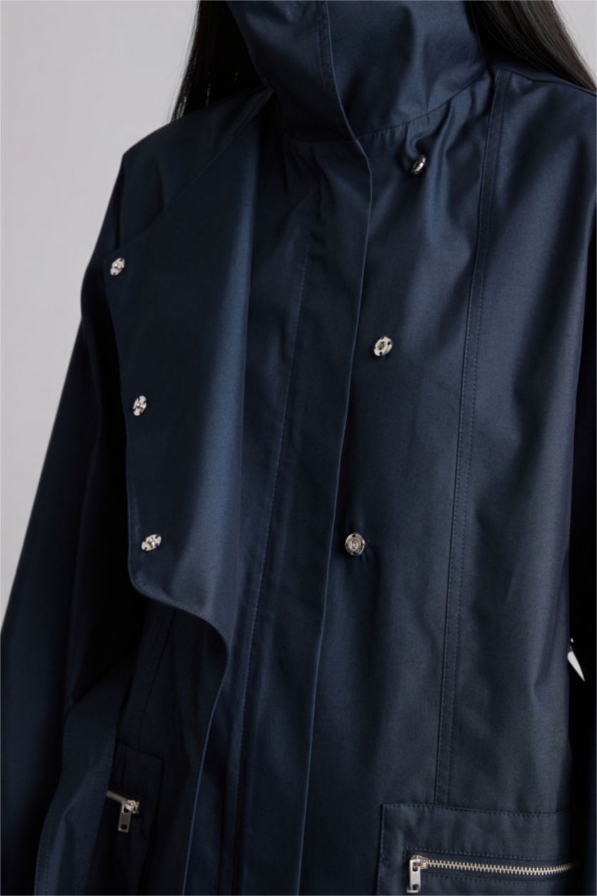 Kadın Lacivert Regular Fıt Dik Yaka Trençkot