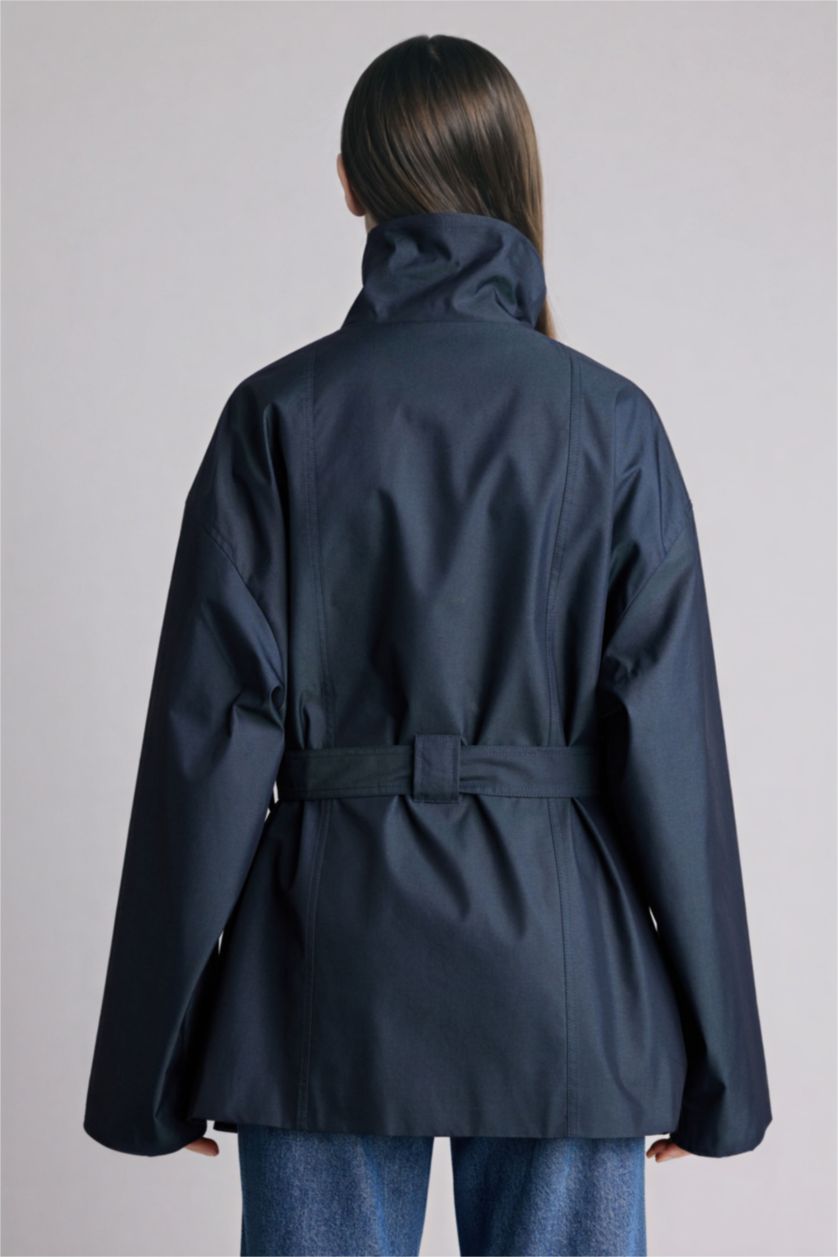 Kadın Lacivert Regular Fıt Dik Yaka Trençkot