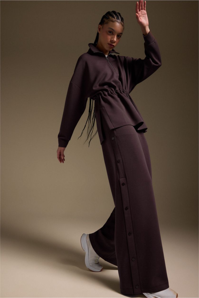 حريمي بني بنطلون نسيج مشروط وايد ليج برجل واسع بجيب