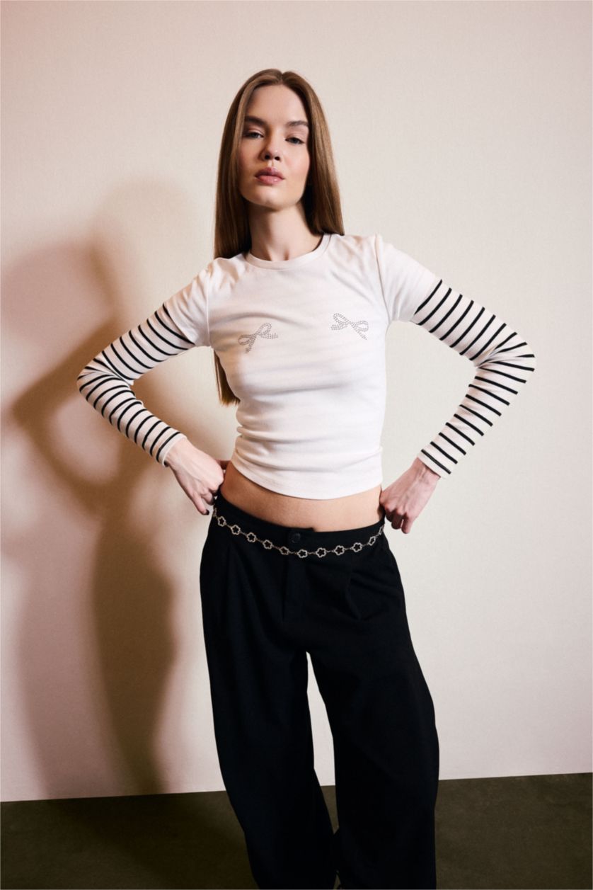 WOMAN White Fitted Crew Neck Printed Ribbed T-Shirt