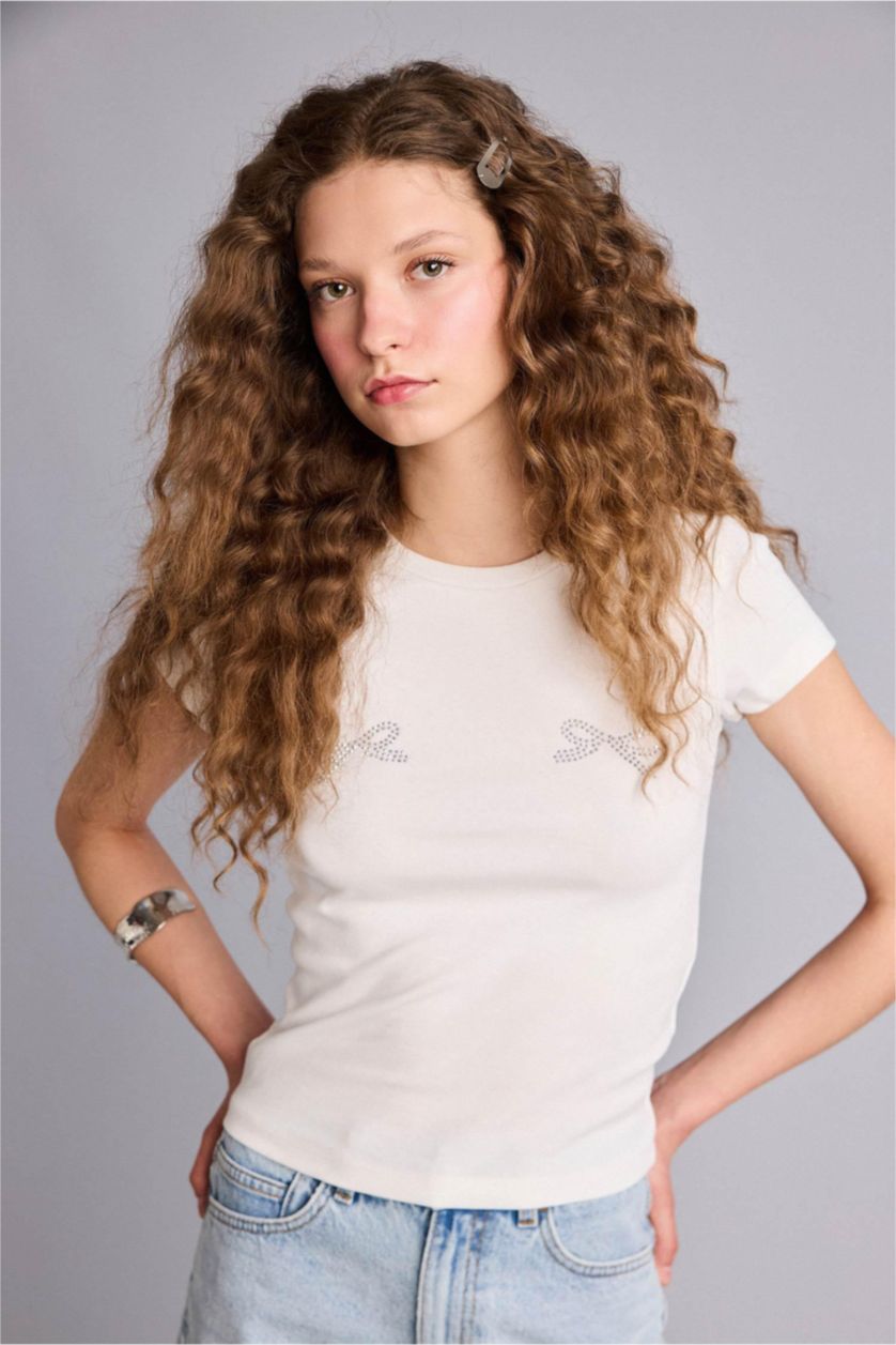 WOMAN White Fitted Crew Neck Printed Ribbed T-Shirt