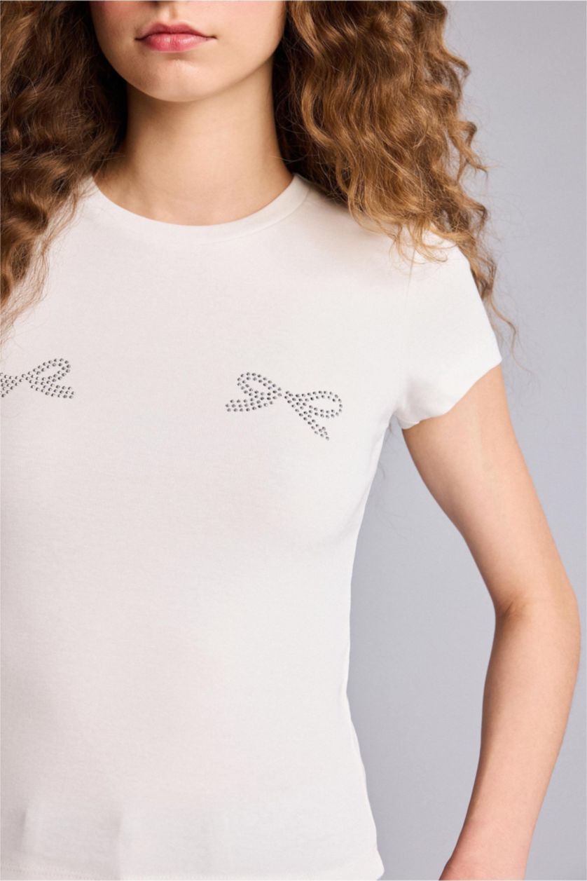 WOMAN White Fitted Crew Neck Printed Ribbed T-Shirt