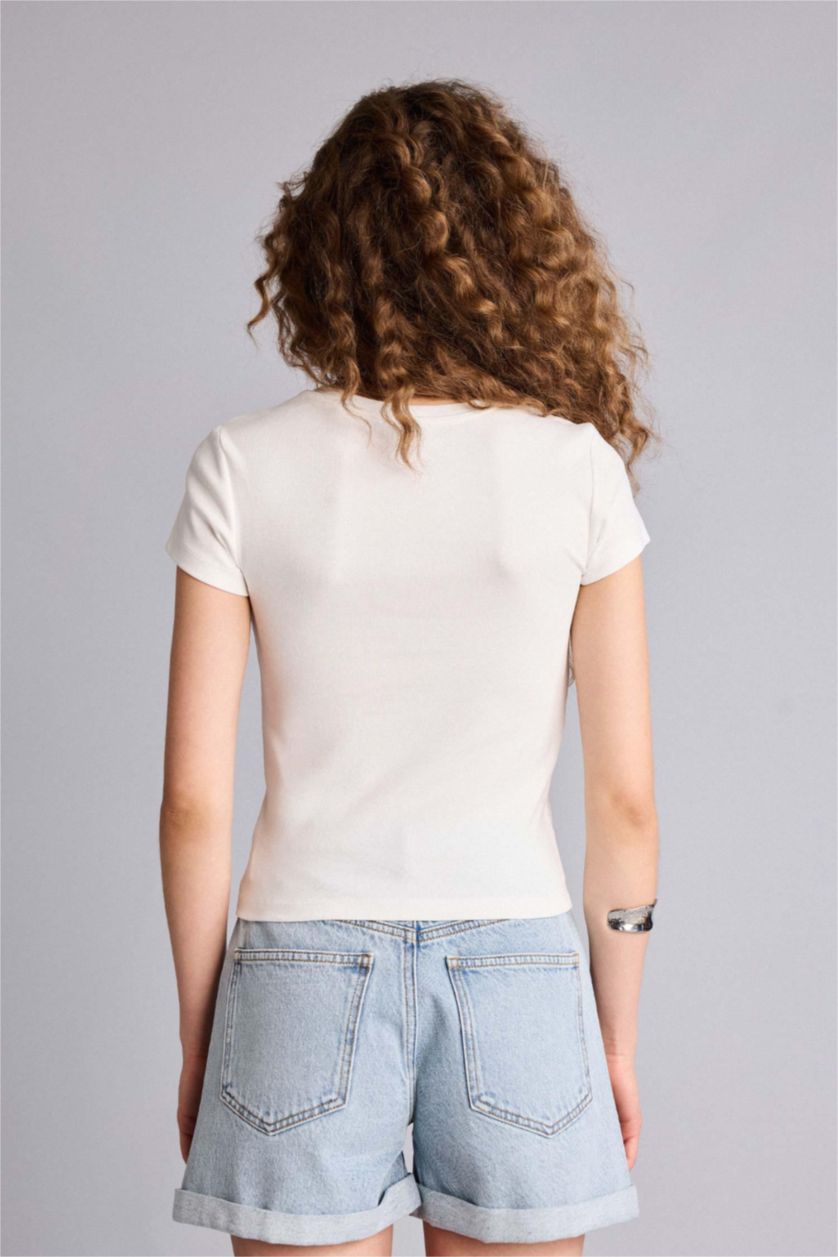 WOMAN White Fitted Crew Neck Printed Ribbed T-Shirt