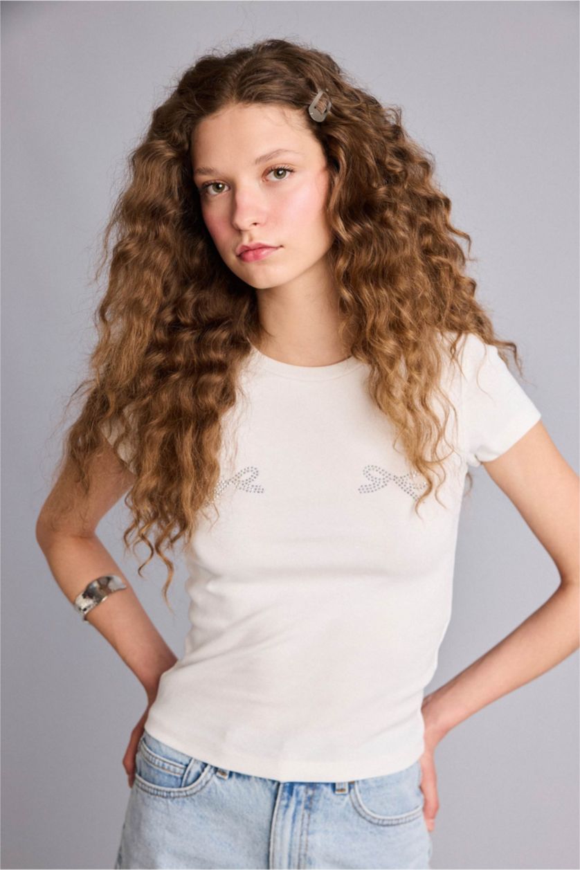 نساء اوف وايت تيشيرت نص ردن مخص وياخة مستديرة