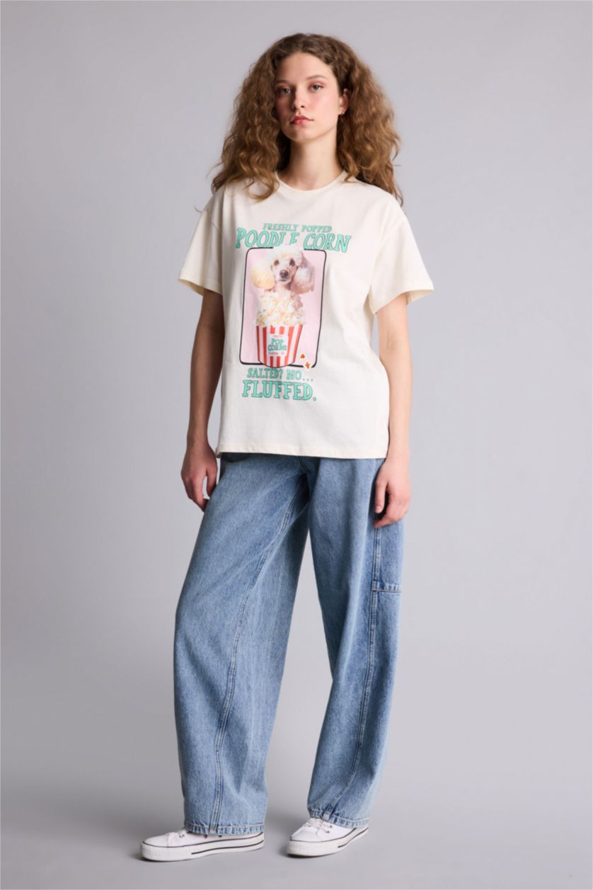 Kadın Ekru Oversıze Baskılı Tişört