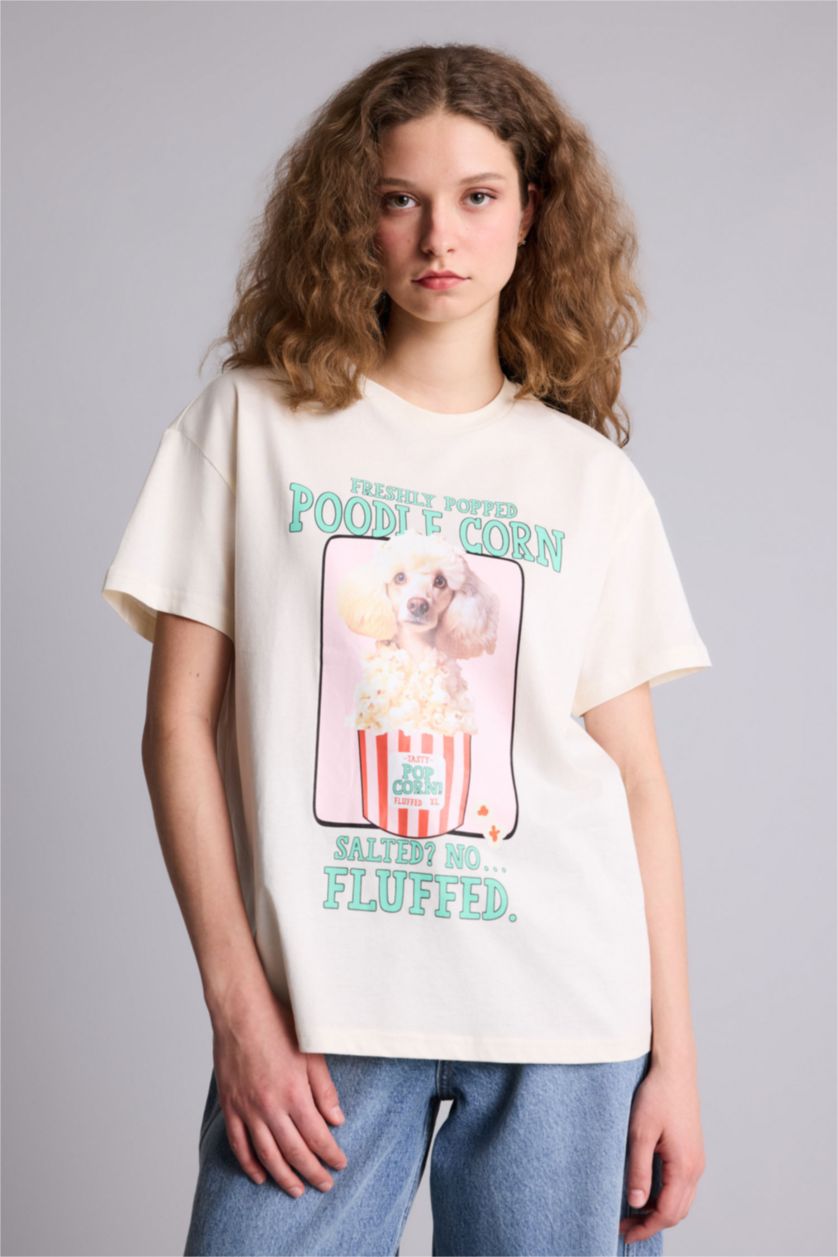 Kadın Ekru Oversıze Baskılı Tişört