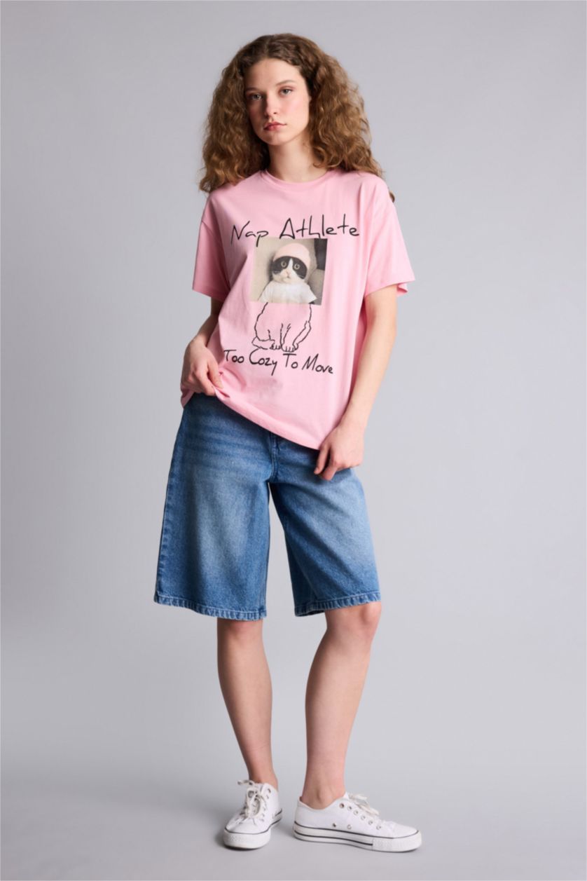 Kadın Açık Pembe Oversıze Bisiklet Yaka Baskılı Kısa Kollu Tişört