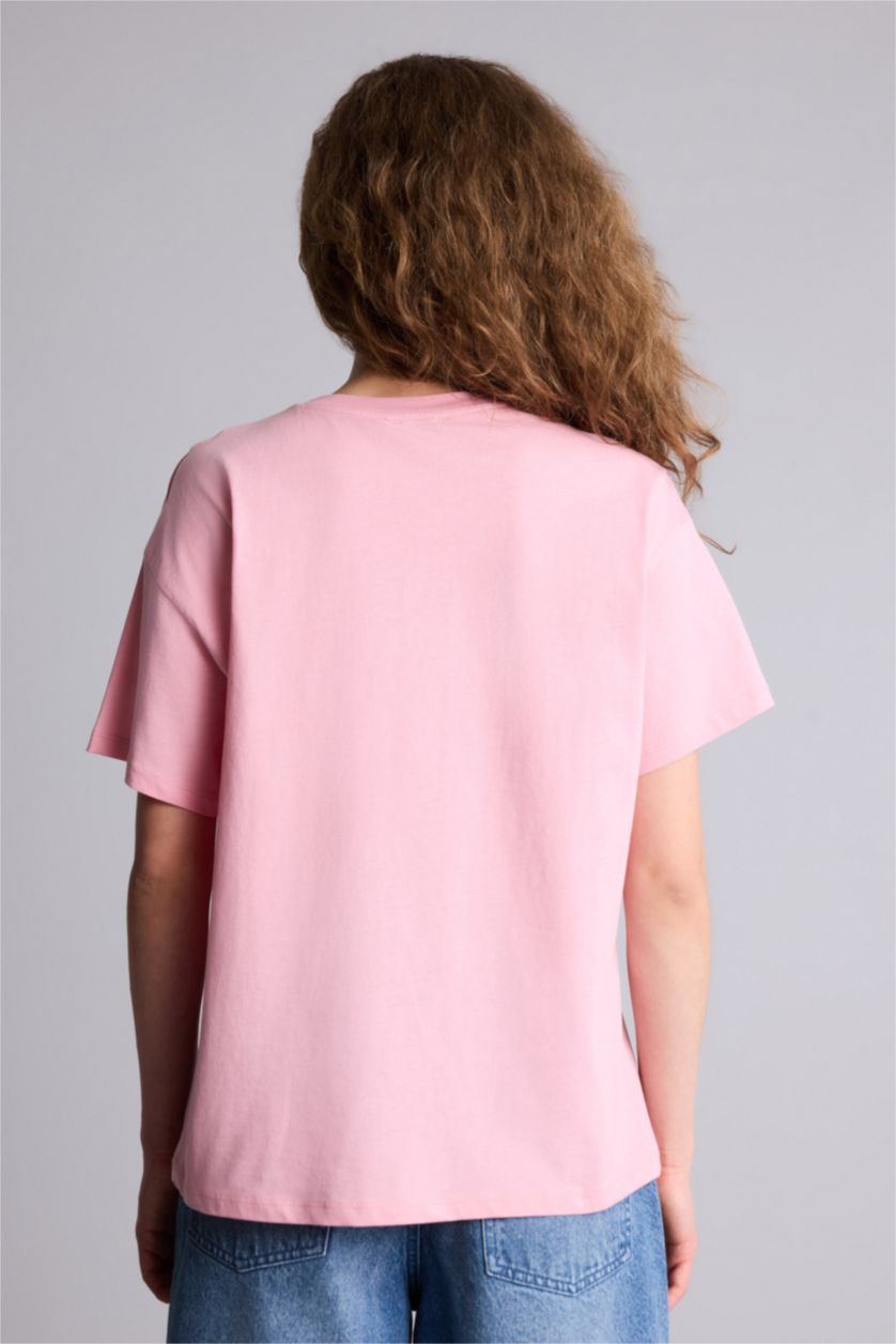 Kadın Açık Pembe Oversıze Bisiklet Yaka Baskılı Kısa Kollu Tişört