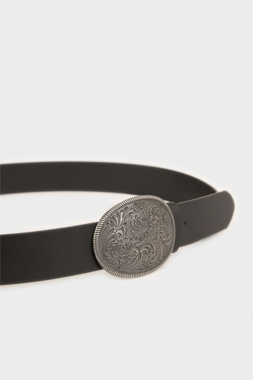 MAN Black Man Oval Buckle Faux Leather Jean Belt